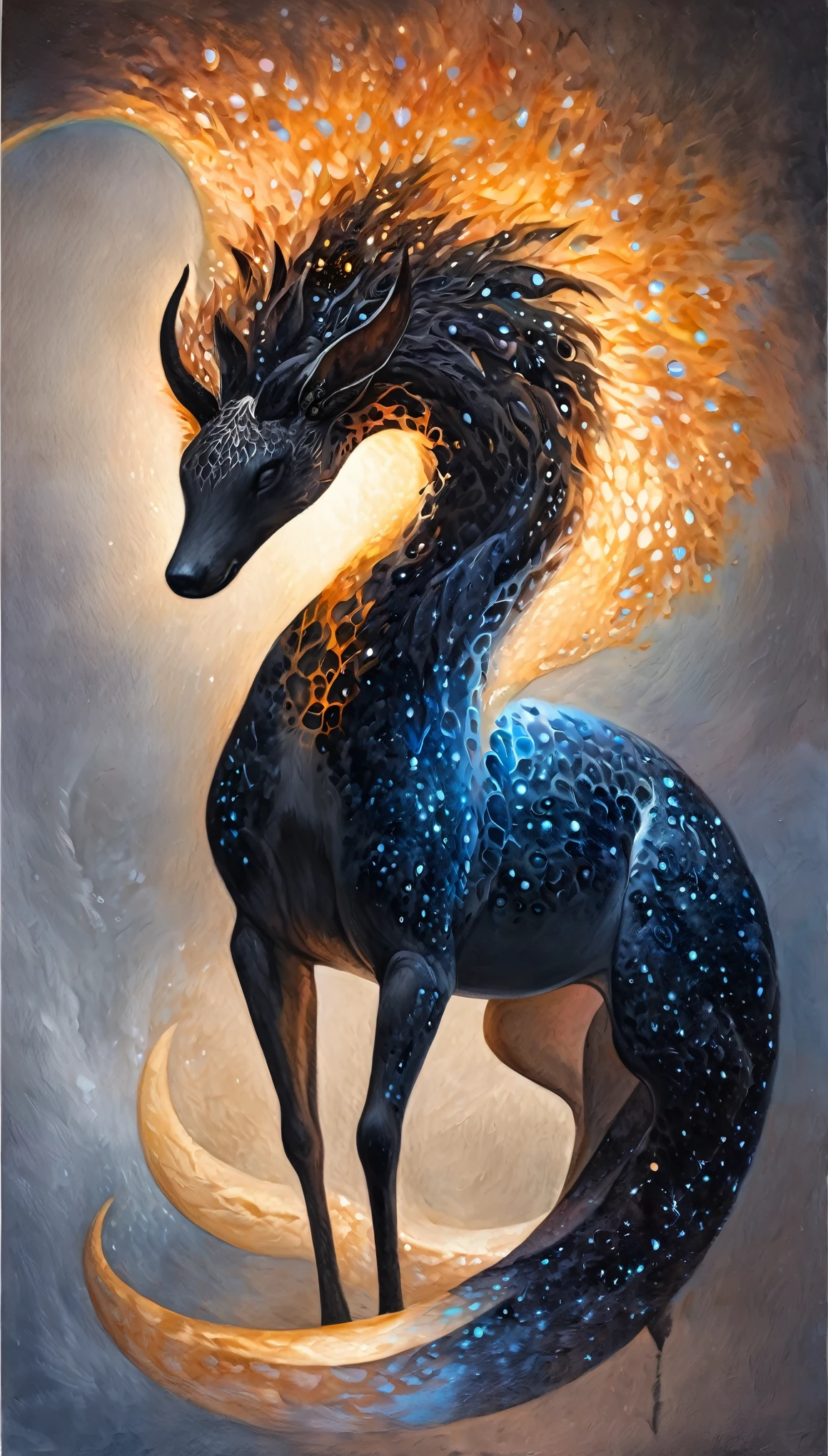 fusion of oil painting and watercolor painting, best quality, super fine, 16k, incredibly absurdres, extremely detailed, delicate, flashy and dynamic depiction, a work of art depicting several kinds of black creatures, cool, cute, complete darkness, a ray of light, and a variety of shades and gradations