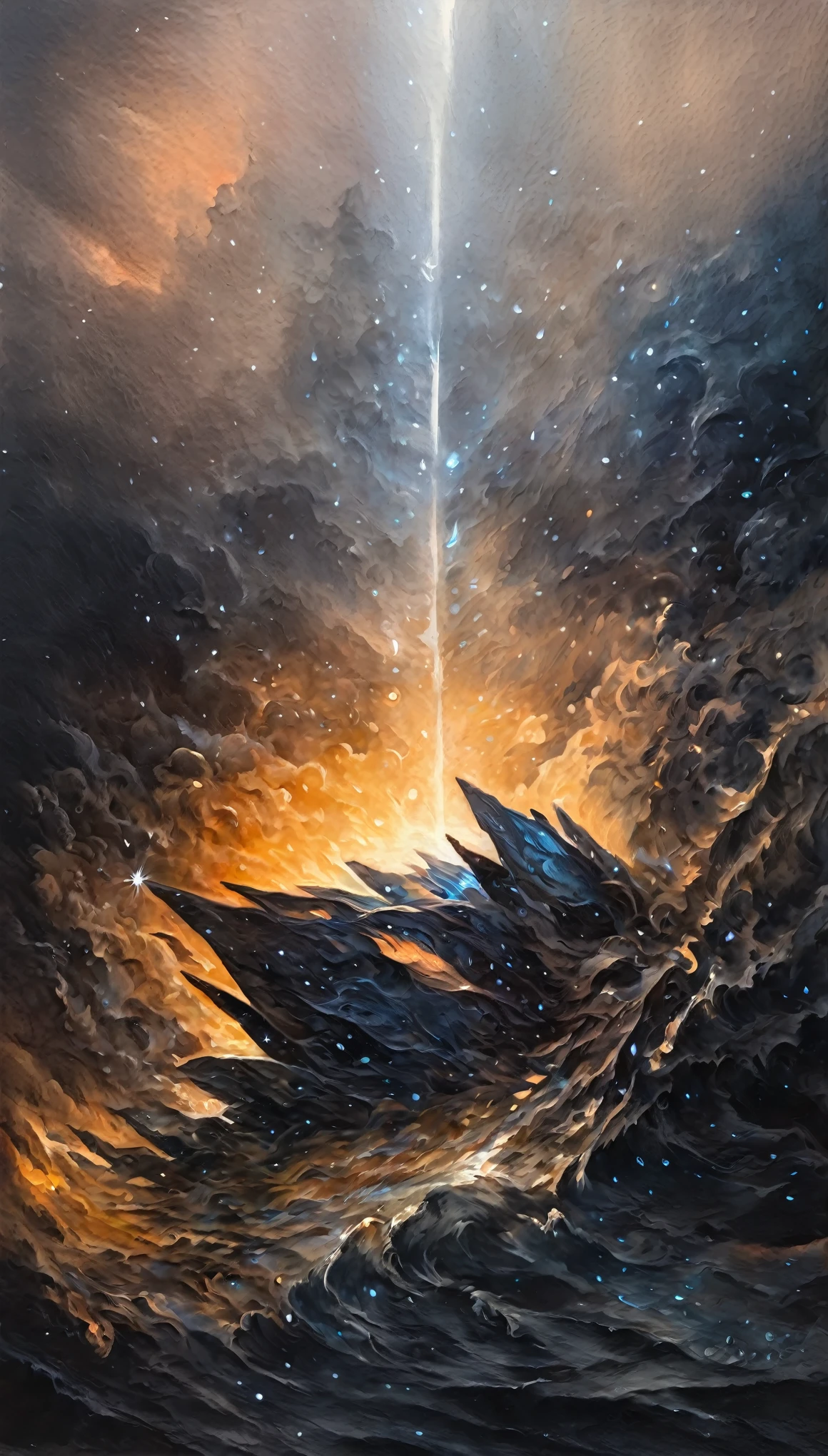 fusion of oil painting and watercolor painting, best quality, super fine, 16k, incredibly absurdres, extremely detailed, delicate, flashy and dynamic depiction, a work of art depicting several kinds of black creatures, cool, cute, complete darkness, a ray of light, and a variety of shades and gradations