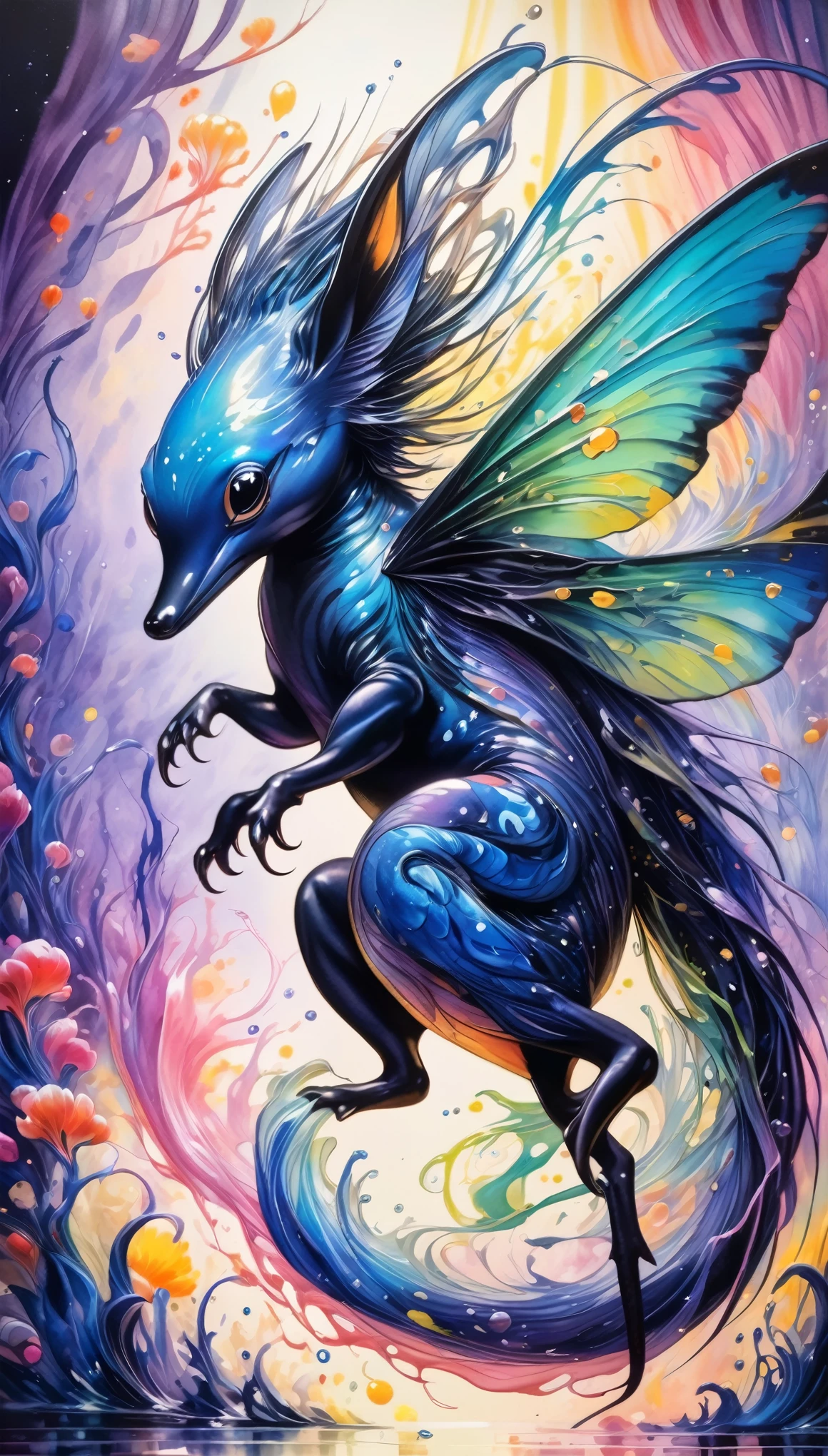 fusion of oil painting and watercolor painting, best quality, super fine, 16k, incredibly absurdres, extremely detailed, delicate, flashy and dynamic depiction, a work of art depicting several kinds of black creatures, cool, cute, complete darkness, a ray of light, and a variety of shades and gradations