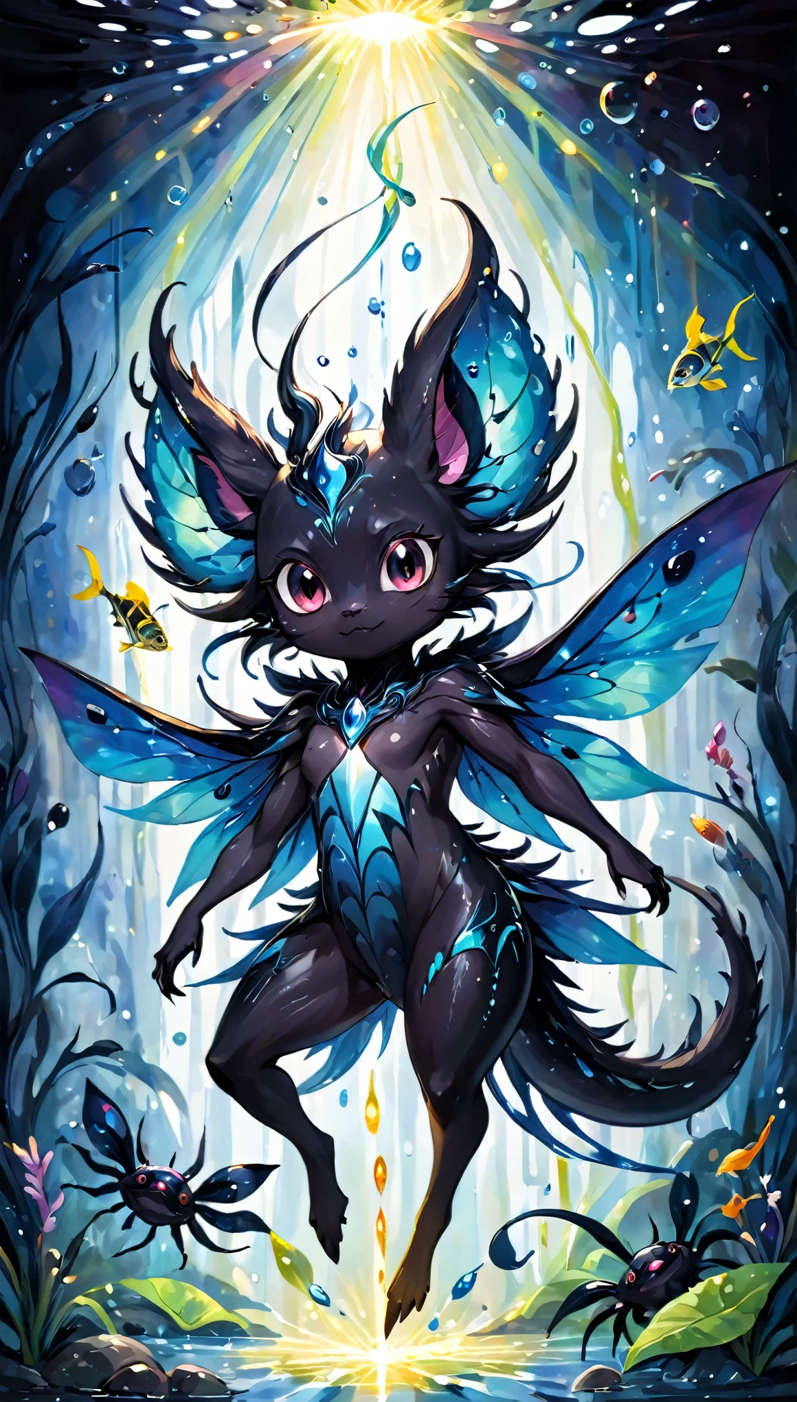 fusion of oil painting and watercolor painting, best quality, super fine, 16k, incredibly absurdres, extremely detailed, delicate, flashy and dynamic depiction, a work of art depicting several kinds of black creatures, cool, cute, complete darkness, a ray of light, and a variety of shades and gradations