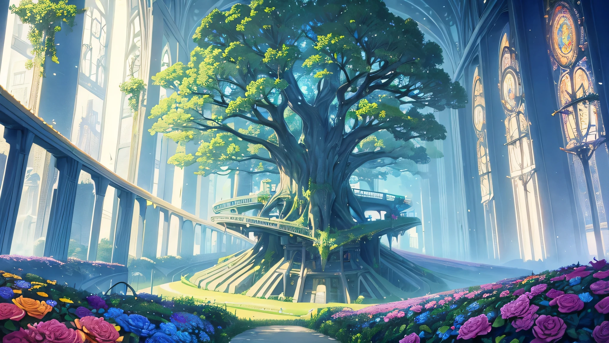 Masterpiece, robot hands a bouquet of flowers to a , mysterious, light emanates from the center, made from ruins, skyscraper, Tokyo, painting of a tree with a bridge, fantasy valley with a tree, high detailed fantasy , fantasy tree, colorful and detailed dreamscape, cosmic tree of life