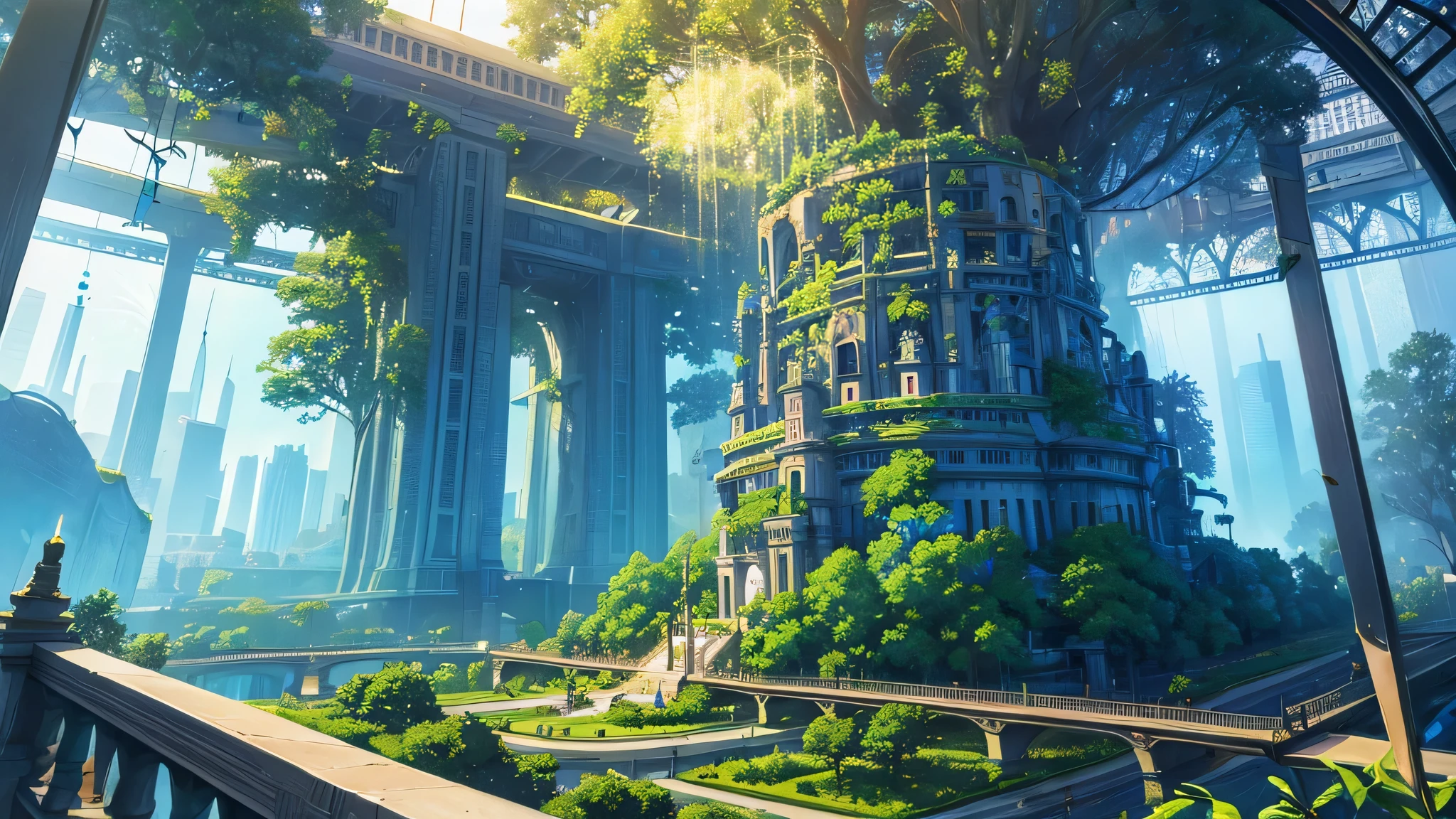 Masterpiece, robot hands a bouquet of flowers to a , mysterious, light emanates from the center, made from ruins, skyscraper, Tokyo, painting of a tree with a bridge, fantasy valley with a tree, high detailed fantasy , fantasy tree, colorful and detailed dreamscape, cosmic tree of life
