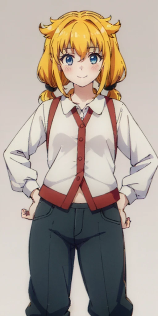 (((Plain background 1:2))) (masterpiece, high quality: 1.1) (Roxanne), 1girl solo fluffy dog ears, twin tails, blue eyes, blonde hair, blush, surrounded by sunflowers in a bright field, smiling red cheeks with hands on hips