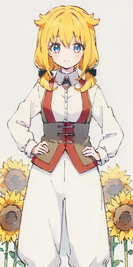 (((Plain background 1:2))) (masterpiece, high quality: 1.1) (Roxanne), 1girl solo fluffy dog ears, twin tails, blue eyes, blonde hair, blush, surrounded by sunflowers in a bright field, smiling red cheeks with hands on hips