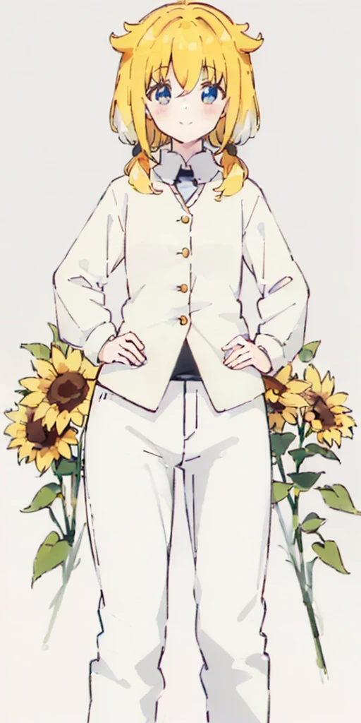 (((Plain background 1:2))) (masterpiece, high quality: 1.1) (Roxanne), 1girl solo fluffy dog ears, twin tails, blue eyes, blonde hair, blush, surrounded by sunflowers in a bright field, smiling red cheeks with hands on hips