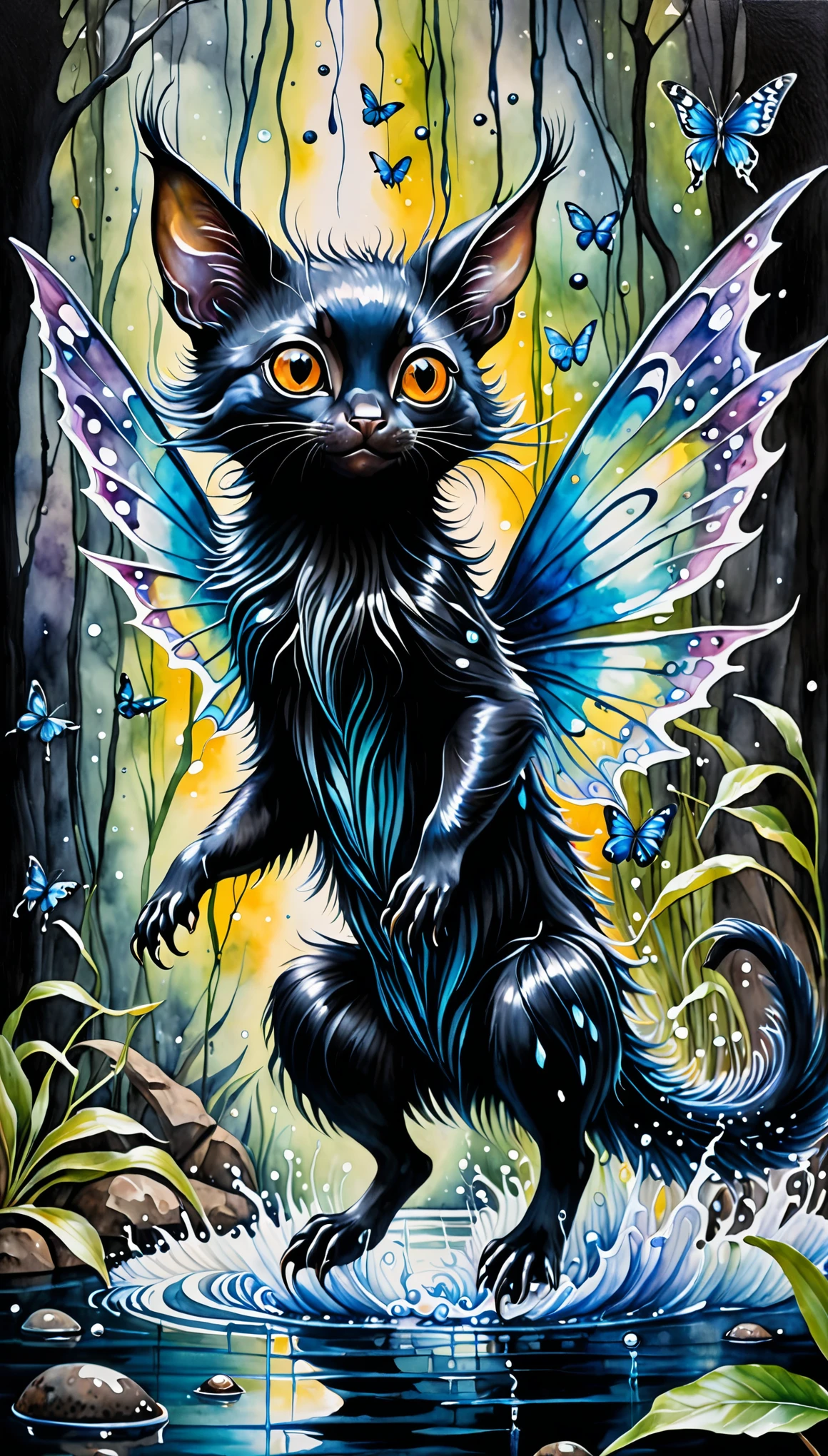 fusion of oil painting and watercolor painting, best quality, super fine, 16k, incredibly absurdres, extremely detailed, delicate, flashy and dynamic depiction, a work of art depicting several kinds of black creatures, cool, cute, complete darkness, a ray of light, and a variety of shades and gradations