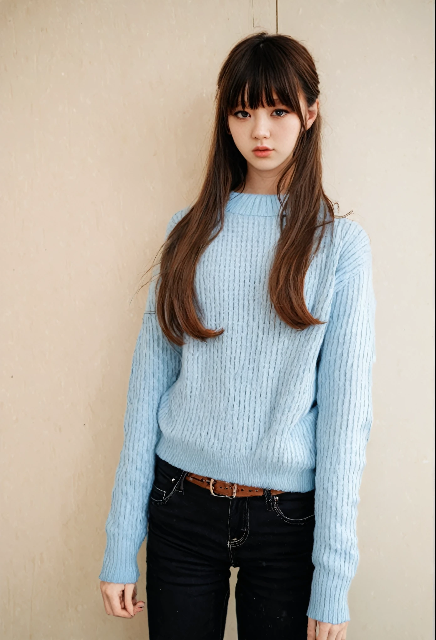 (estilo manhwa de Bad thinking diary de rangrarri ),A model of a young woman with long brown hair with bangs above the eyebrow, atado en una trenza a un lado de su hombro. Wearing a simple outfit of a light blue sweater with black jeans.