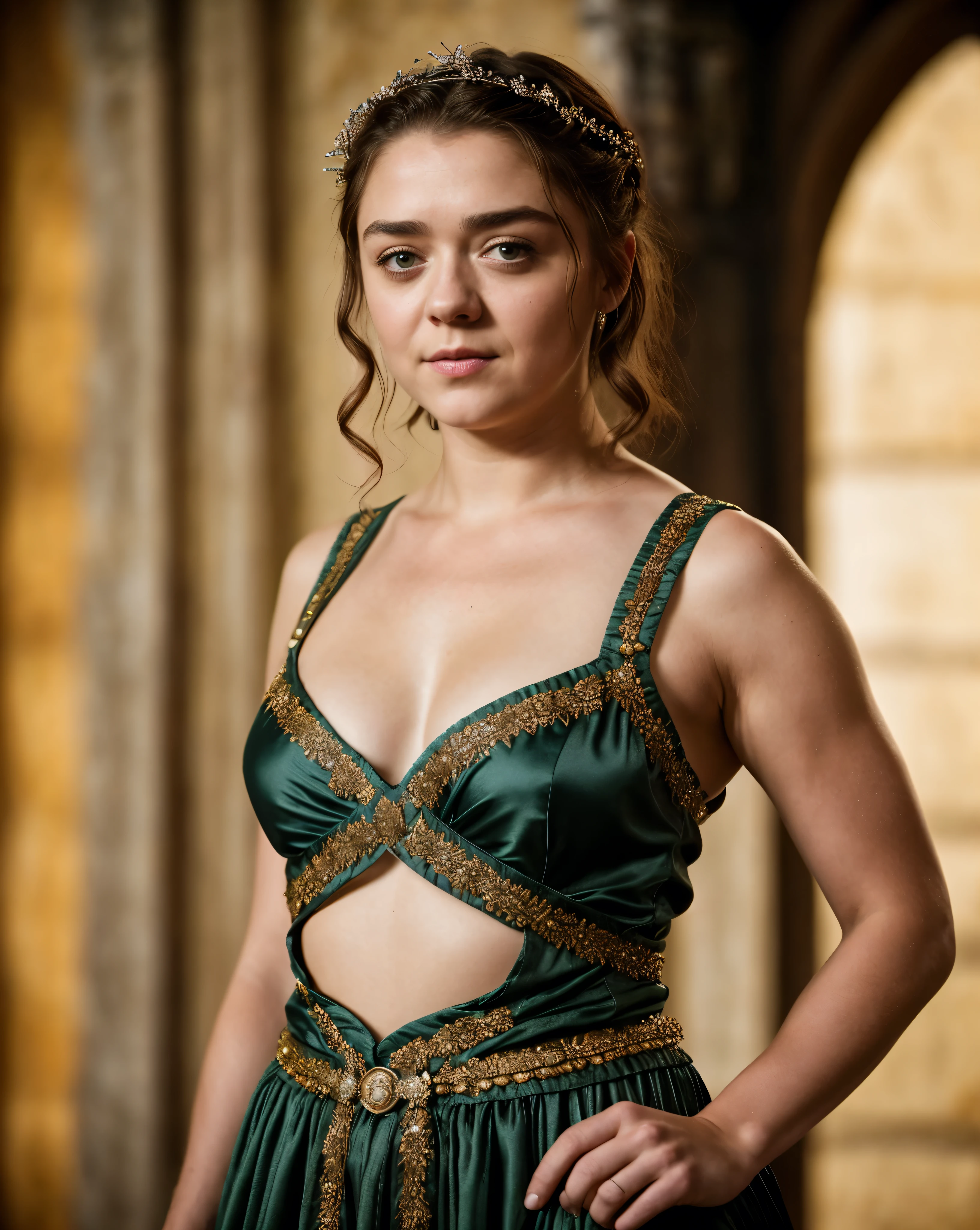 Foto RAW, Arya Stark, Extremely gorgeous lady, Arya Stark PLAYED BY MAISIE WILLIAMS, Queen Arya Stark, she a mature woman now, milf, sexy mediaeval battle dress, gladiator woman, body, 40 years old Woman, body revealing costumes, perky breast, big natural breast, erotic costumes, lusty physique, seductive figure can capture every people's attention, Game of thrones costumes, revealing captivating figure, Mediaeval costumes, revealing clothes, A tomboy, she would rather fence than dance, warrior queen , game of thrones screen caps, Game of Thrones Series, (pele altamente detalhada: 1.2), 8k UHD, DSLR, soft-lighting, alta qualidade, grain of film, Fujifilm XT3, flawless picture, highly detailed, detailed Beauty, intricate, 32k, sharp picture,