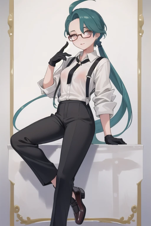 ((highest quality)), ((masterpiece)), (be familiar with),One girl,Chile,White Eyes,Earrings,Small breasts,Black tie,shirt,White shirt,suspenders,Black gloves,Black trousers,shoes,good looking,Glasses,Erect nipples