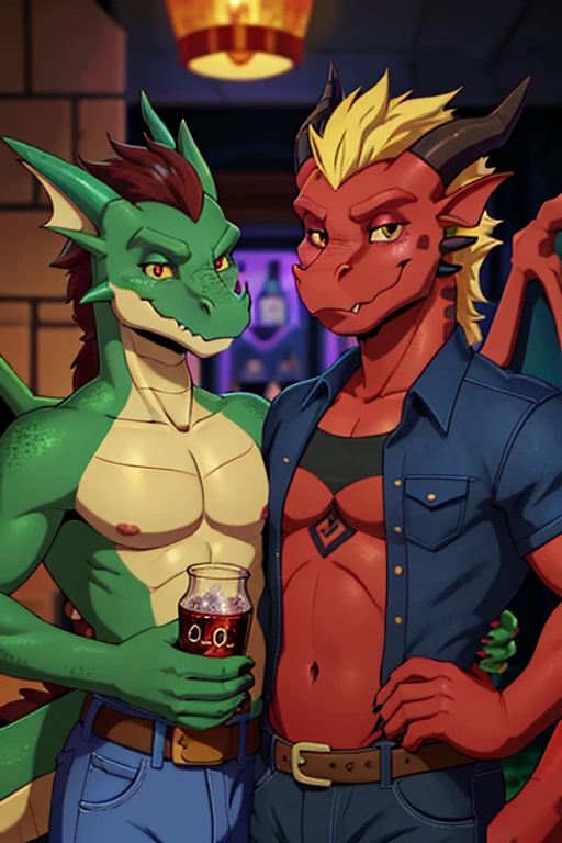 Duo, score_9,score_8_up,score_7_up, source_cartoon, kemono style, an all red Anthro scalie argonian, argonian from Skyrim, red scalie body, reptilian, tail, black ram horns, red eyes, black lips, some black scales, tall and toned body, wearing black barbarians armor, they are in a tavern, she is drunk, holding a mug of beer, cheering, drunk, blushing, she is sitting next to a grumpy Anthro furry feline cat girl, cat girl has a mug of beer in her hands