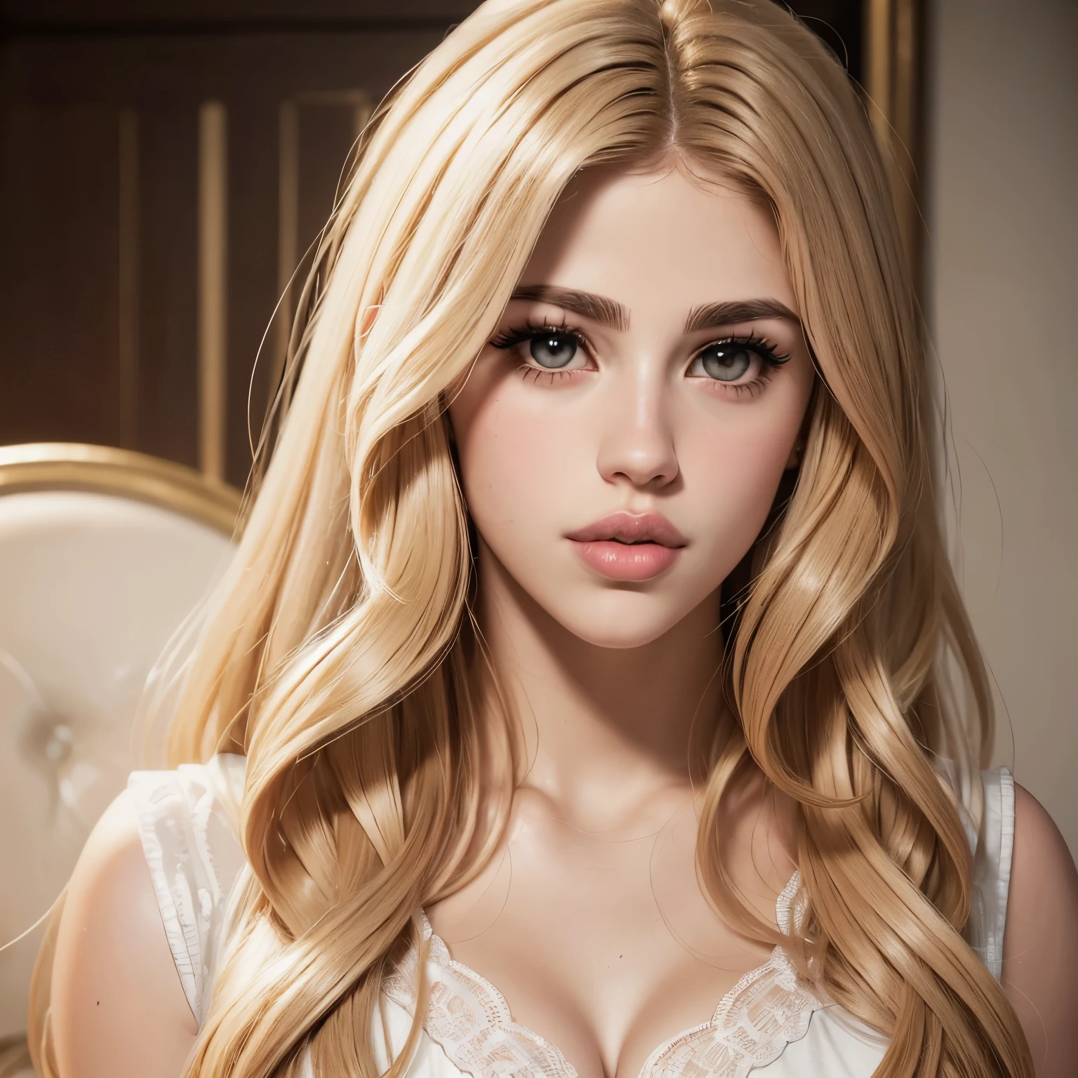 beautiful blonde realistic girl、 girl、realistic pictures、complete nudity、Veryphotos、Portr from the butt up、Angle that esizes the face、Face is the focus、Ethereal beauty, long golden waves cascading down her shoulders, ((detailed face:1.2)), ((detailed faceの特徴)), delicate skin、Reflectors that add depth to her attractive features, Photographed with Canon EOS R5, 50MM lens, f/1.8, High resolution, (8K) (wallpaper) 、shadowless lighting、studio lighting、soft light, ((david hamilton style)), Bedroom in a luxury hotel in Rome、night、Warm and calm indoor lighting、classic luxury decoration、big bed、big pillow、16 year old adult americranslucent white skin、very white skin、clean skin without blemishes、Very big face、silky delicate blonde hair、Gorgeous wavy hair like an actress、thin eyebrows、long eyelashes、Horizontally long and very beautiful blue eyes、highlight on eyes、Clear double eyelids、red lips、smile a little、the most beautiful face、head turned to the side、looking to the side、marilyn monroe's daughter、Eyes half closed、 body type、thin and long neck、small breasts、small nipples、small butt、la luxurious golace、Big gold engs in the ears、Realistic anatomically correct body、very close up of the face、Portrait from the butt up、from the front、from a little below、