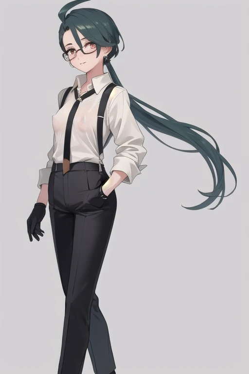 ((highest quality)), ((masterpiece)), (be familiar with),One girl,Chile,White Eyes,Earrings,Small breasts,Black tie,shirt,White shirt,suspenders,Black gloves,Black trousers,shoes,good looking,Glasses,Erect nipples