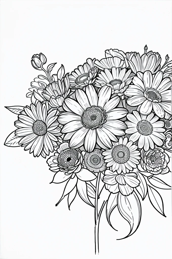 Flowers, outline, lineart, coloring book, white background, black and white, no shadows, high-quality, clear.
