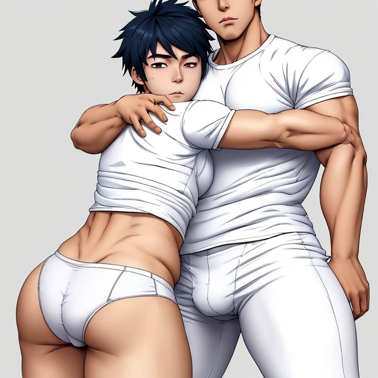 Make an Asian thin male anime character wearing white underwear hug by asian fat female wearing underwear
