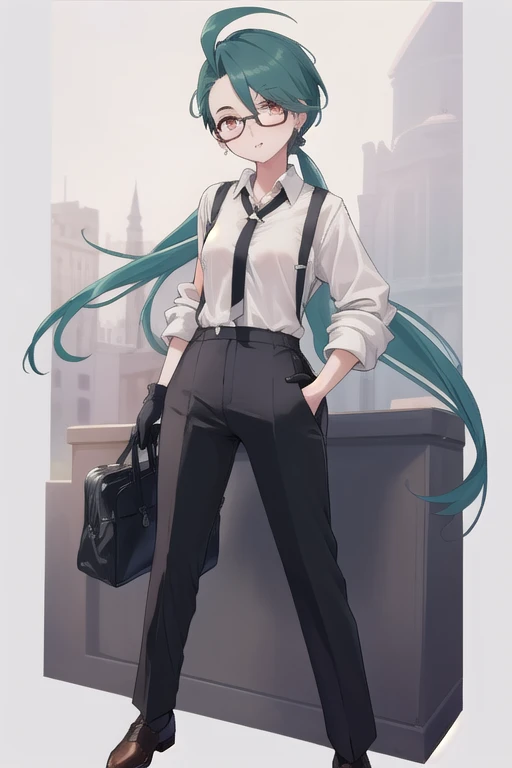 ((highest quality)), ((masterpiece)), (be familiar with),One girl,Chile,White Eyes,Earrings,Small breasts,Black tie,shirt,White shirt,suspenders,Black gloves,Black trousers,shoes,good looking,Glasses,Erect nipples