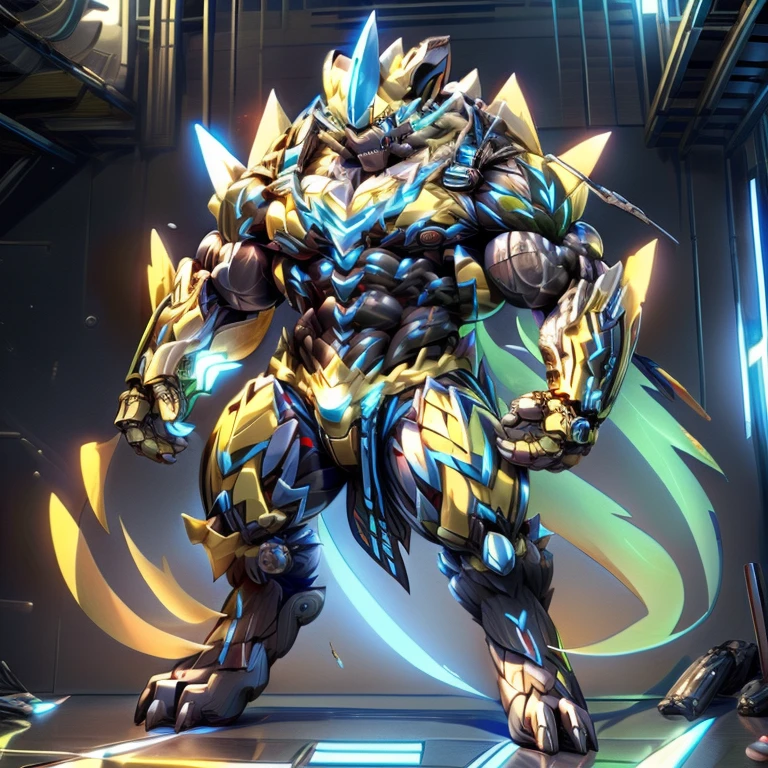 (masterpiece, best quality, detailed:1.2) detailed full body, 8K, (Pokémon) zeraora, full body, Wearing cyberpunk mecha, Wearing full plate armor, Its full plate armor emphasizes the muscles. a knight's mechanical armor, glowing wide and heavy armor, He wears the same armor as himself from head to foot. Gigantic ZERAORA, big muscle (pecs, triceps, traps) unusually developed muscular body, body full of huge muscles. showing off muscles, pectorales enormes. Exaggeratedly huge muscles. Gigachad Muscular,