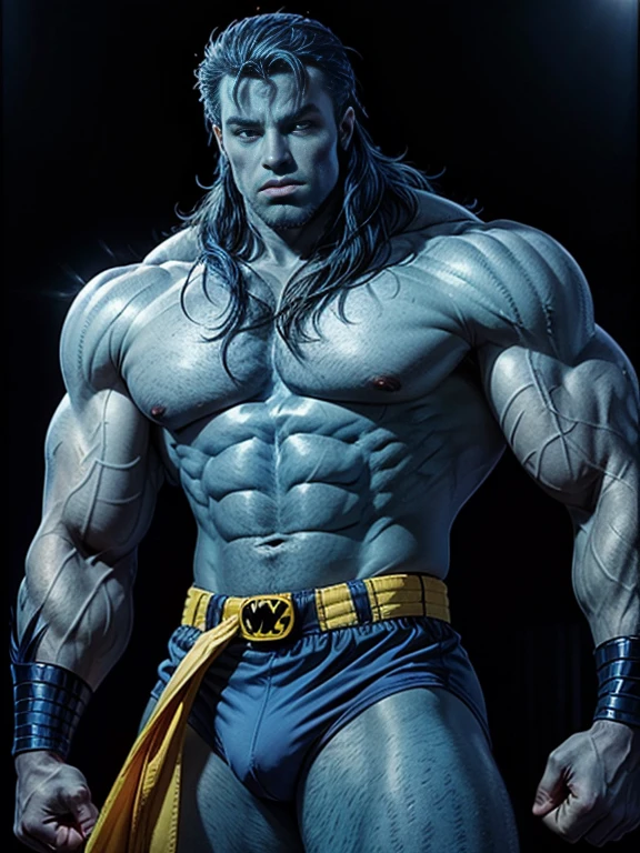 beast, X-men, ((realistic)), blue underwear uniform, yellow belt, superhero, muscular, slim body, ((texture blue skin)), blue eyes, blue hair, blue body hair, best quality, tight contrast, hdr, sharp details, energetic lighting,