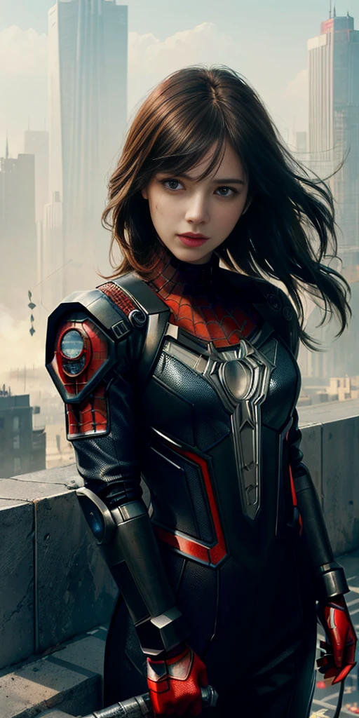 (1girl:1.3), Solo, (((Very detailed face)))), ((Very detailed eyes and face)))), Beautiful detail eyes, Body parts__, Official art, Unified 8k wallpaper, Super detailed, beautiful and beautiful, beautiful, masterpiece, best quality, original, masterpiece, super fine photo, best quality, super high resolution, realistic realism, sunlight, full body portrait, amazing beauty, dynamic pose, delicate face, vibrant eyes, (from the front), She wears Spider-Man suit, red and black color scheme, spider, very detailed city roof background, rooftop, overlooking the city, detailed face, detailed complex busy background, messy, gorgeous, milky white, highly detailed skin, realistic skin details, visible pores, clear focus, volumetric fog, 8k uhd, DSLR, high quality, film grain, fair skin, photo realism, lomography, futuristic dystopian megalopolis, translucent, Dark_Fantasy,Cyberpunk,(chain saw,chain saw man,Red:1.1),1man,Mechanical marvel,Robotic presence,Cybernetic guardian, wearing a worn-out mech suit, intricate, (steel metal [rusty]), elegant, clear focus, shot by greg rutkowski, soft lighting, vibrant colors, masterpiece, ((street)), cowboy shot, dynamic pose,