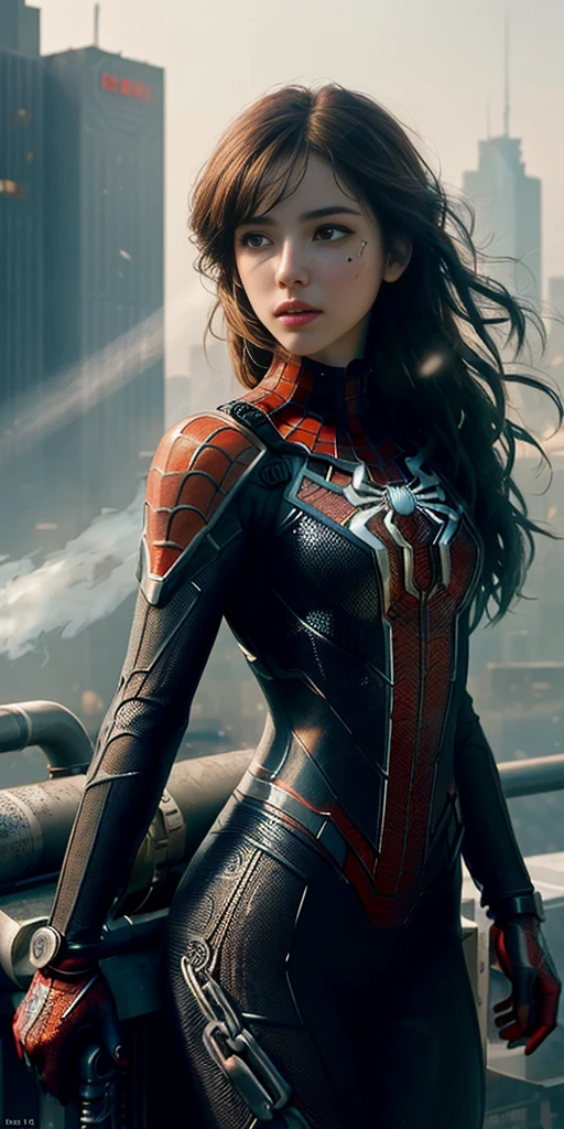 (1girl:1.3), Solo, (((Very detailed face)))), ((Very detailed eyes and face)))), Beautiful detail eyes, Body parts__, Official art, Unified 8k wallpaper, Super detailed, beautiful and beautiful, beautiful, masterpiece, best quality, original, masterpiece, super fine photo, best quality, super high resolution, realistic realism, sunlight, full body portrait, amazing beauty, dynamic pose, delicate face, vibrant eyes, (from the front), She wears Spider-Man suit, red and black color scheme, spider, very detailed city roof background, rooftop, overlooking the city, detailed face, detailed complex busy background, messy, gorgeous, milky white, highly detailed skin, realistic skin details, visible pores, clear focus, volumetric fog, 8k uhd, DSLR, high quality, film grain, fair skin, photo realism, lomography, futuristic dystopian megalopolis, translucent, Dark_Fantasy,Cyberpunk,(chain saw,chain saw man,Red:1.1),1man,Mechanical marvel,Robotic presence,Cybernetic guardian, wearing a worn-out mech suit, intricate, (steel metal [rusty]), elegant, clear focus, shot by greg rutkowski, soft lighting, vibrant colors, masterpiece, ((street)), cowboy shot, dynamic pose,