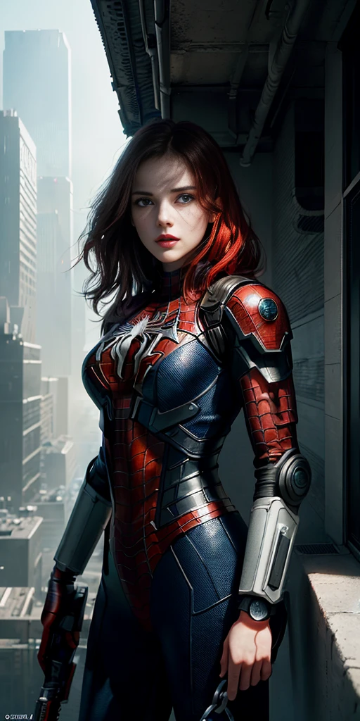 (1girl:1.3), Solo, (((Very detailed face)))), ((Very detailed eyes and face)))), Beautiful detail eyes, Body parts__, Official art, Unified 8k wallpaper, Super detailed, beautiful and beautiful, beautiful, masterpiece, best quality, original, masterpiece, super fine photo, best quality, super high resolution, realistic realism, sunlight, full body portrait, amazing beauty, dynamic pose, delicate face, vibrant eyes, (from the front), She wears Spider-Man suit, red and black color scheme, spider, very detailed city roof background, rooftop, overlooking the city, detailed face, detailed complex busy background, messy, gorgeous, milky white, highly detailed skin, realistic skin details, visible pores, clear focus, volumetric fog, 8k uhd, DSLR, high quality, film grain, fair skin, photo realism, lomography, futuristic dystopian megalopolis, translucent, Dark_Fantasy,Cyberpunk,(chain saw,chain saw man,Red:1.1),1man,Mechanical marvel,Robotic presence,Cybernetic guardian, wearing a worn-out mech suit, intricate, (steel metal [rusty]), elegant, clear focus, shot by greg rutkowski, soft lighting, vibrant colors, masterpiece, ((street)), cowboy shot, dynamic pose,