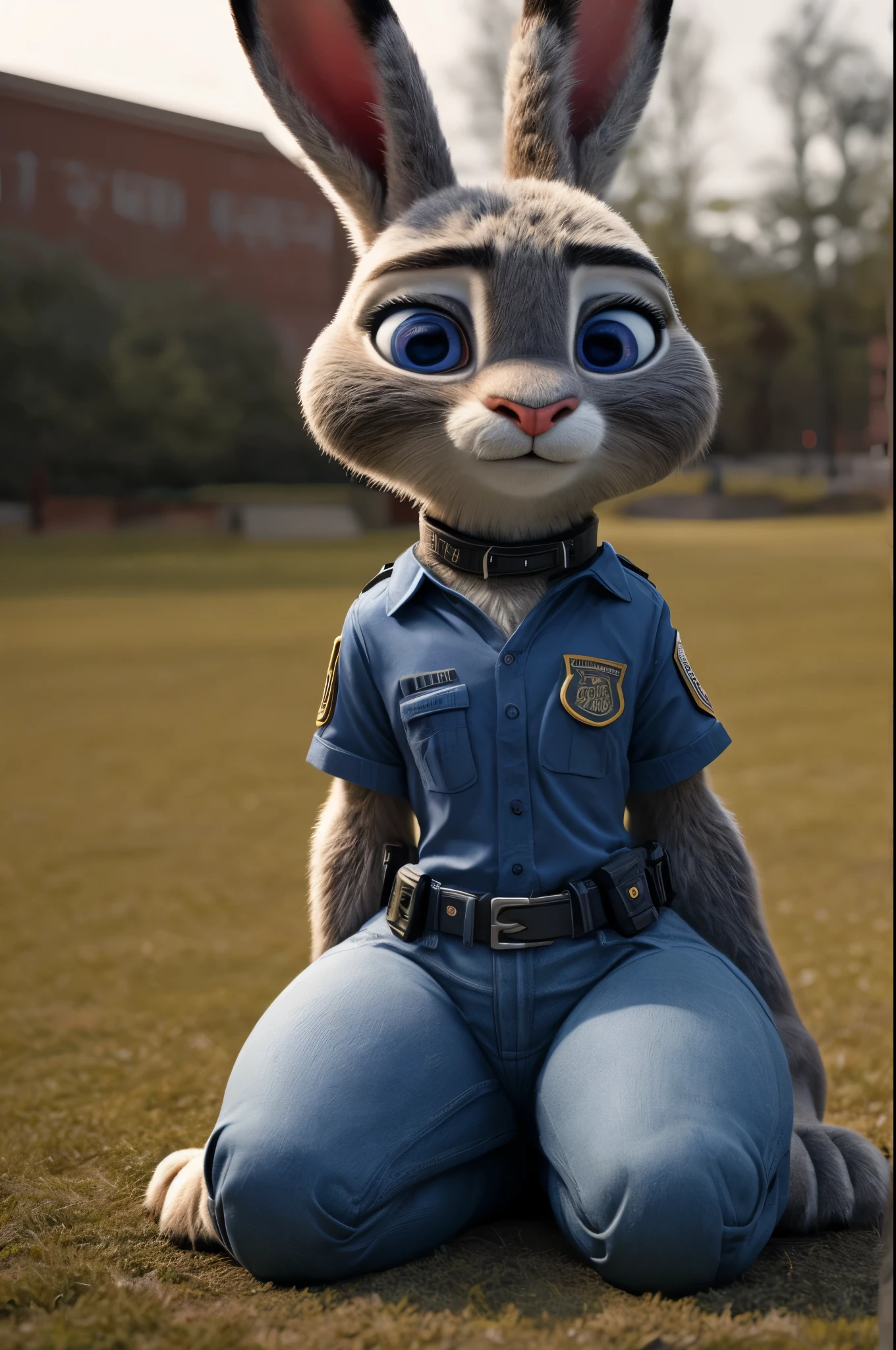 3d,16k,realistic fur,,thick thighs,bright blue eyes,masterpiece HIFI,thick thigh, fluffy hair,young judy hopps,zootopia ,posing kneeling on the ground,thin hips, thick legs,detailed textures, ultra-high pixel detail, intricate, realistic, movie scene, cinematic, high-quality, full colors, incredibly detailed, 16k, hyper-realistic, RAW photo, masterpiece, ultra-detailed, professionally color graded, professional photography,thick thighs,thick paws,thin waist,Thick Paws,tail rabbit,,thin hips, thick thighs, thick paws,denim pants, short red plaid t-shirt, dog collar, seductive face, in the field,