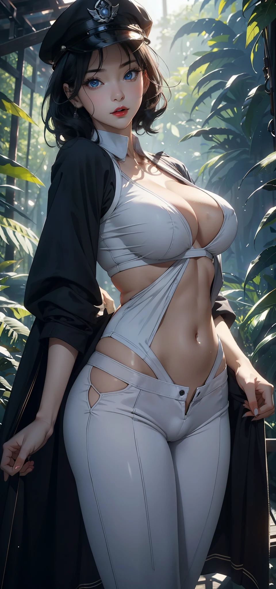 1 female，45 years old，Large Breasts，Long legs，Big breasts and thin waist， 照片曝Light，（background：In the woods，Rainforest，In the summer，Strong wind） She has short black hair，，curls，Red lips，stand up，Front view， OK， Gloomy sky，（（（masterpiece），（Highly detailed CG Unity 8k wallpaper），最OK质量，Light，详细background，Beautiful blue eyes，（Very delicate and beautiful），（Beautiful and detailed description of the eyes），Super detailed，masterpiece，）），face camera，high resolution，Super detailed），Exposing breasts，Exposing genitals， Convex，Camel toe，Sexy bulge，officer（wear：White military uniform，Black pants，Military cap）