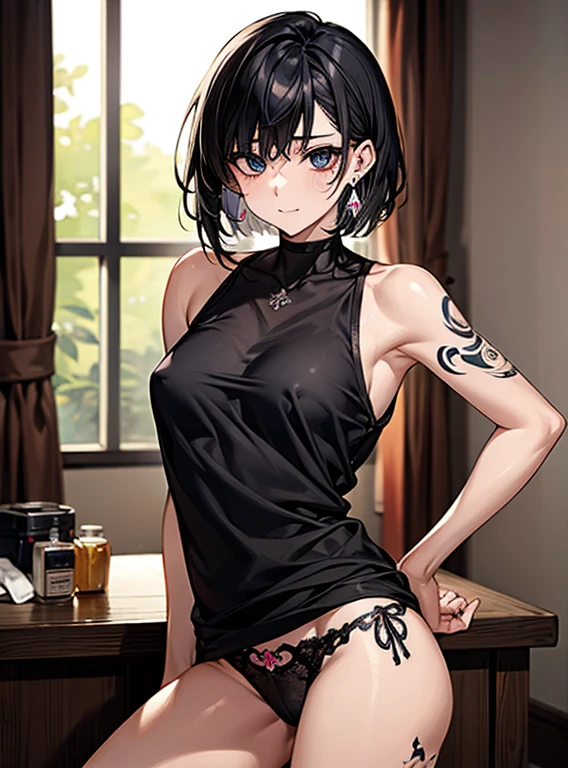 Beautiful breasts、Black Hair、Attractive breasts、Beautiful and attractive anime woman, Enchanting anime girl,Slippery、black eye、beautiful girl、、Quiet、Inconspicuous、White see-through tank top、Big Breasts、Stay in the house、Underwear is visible、Underwear is biting into、Small underwear、Shaved、Wet Skin、（(腕にTattoo))、（For the whole body）Tattoo、Nipples、large hoop earrings、（On the legs）Tattoo、（On my back）Tattoo、（On the stomach）Tattoo、Provocative、大きいTattoo、For the whole bodyTattoo、（On the face）Tattoo、Short Bob、Provocative、肩にTattoo、((Tattoo))