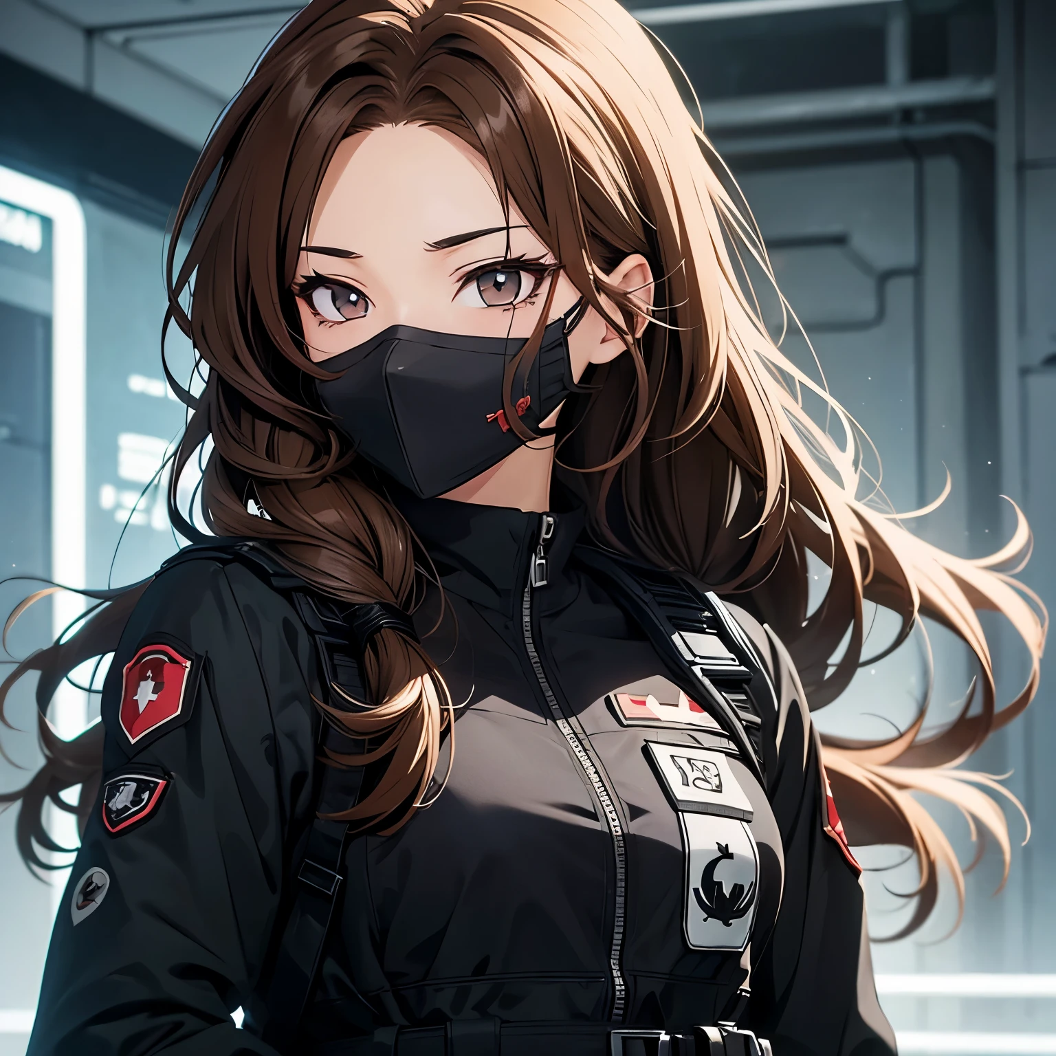 anime style, soldier girl winking one of her eyes, brown hair and eyes, WITHOUT BANGS, WAVY LONG HAIR PARTED IN THE MIDDLE, wearing black mask, profile icon