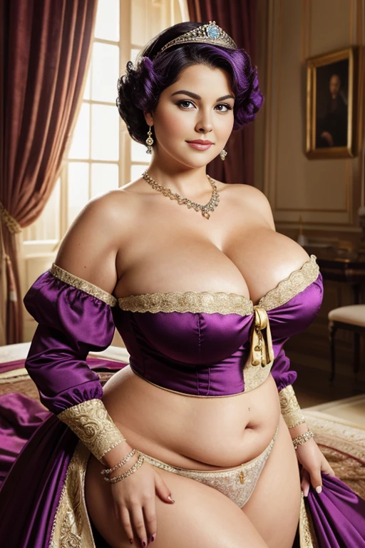  CHUBBY QUEEN, , BBW, photo vintage, visage feminin parfait, PURPLEHAIR  , tache de rousseur, 1788, big huge breasts : 68H,FRONT VIEW, Rembrandt LIGHT ,  EXTREME LONG V-NECK, BIG CLEAVAGE,  BEAUTIFUL EYES, BEAUTIFUL HANDS, LIGHT SMILES,  PERFECT FACE, tres long décolleté, CASTLE BACKGROUND, QUEEN, NECKLACE, RING, JEWELERY RICH, SFW, FULL BODY, COLORFUL, ITALIAN, ROYAL LINGERIE, ROYAL BEDROOM 