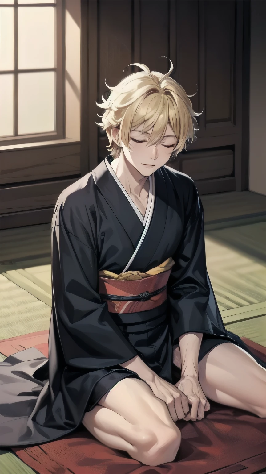 (masterpiece), best quality, closed eyes, perfect face, mature male, (1boy, handsome man), solo, blond hair, messy hair, muscle growth, relaxing, black kimono, sitting on floor, wariza, indoors, daytime