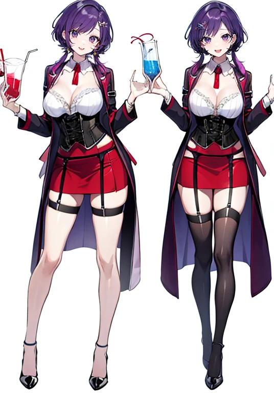 Purple Hair,Shortcuts,Adult female,(((bartender))),((Body Harness)),((Roll up your sleevesYshirt)),(corset),(Tight Skirt),((garter belt)),High heels,((Simple Background)),smile,((whole body)),((whole body)),Character Sheet,