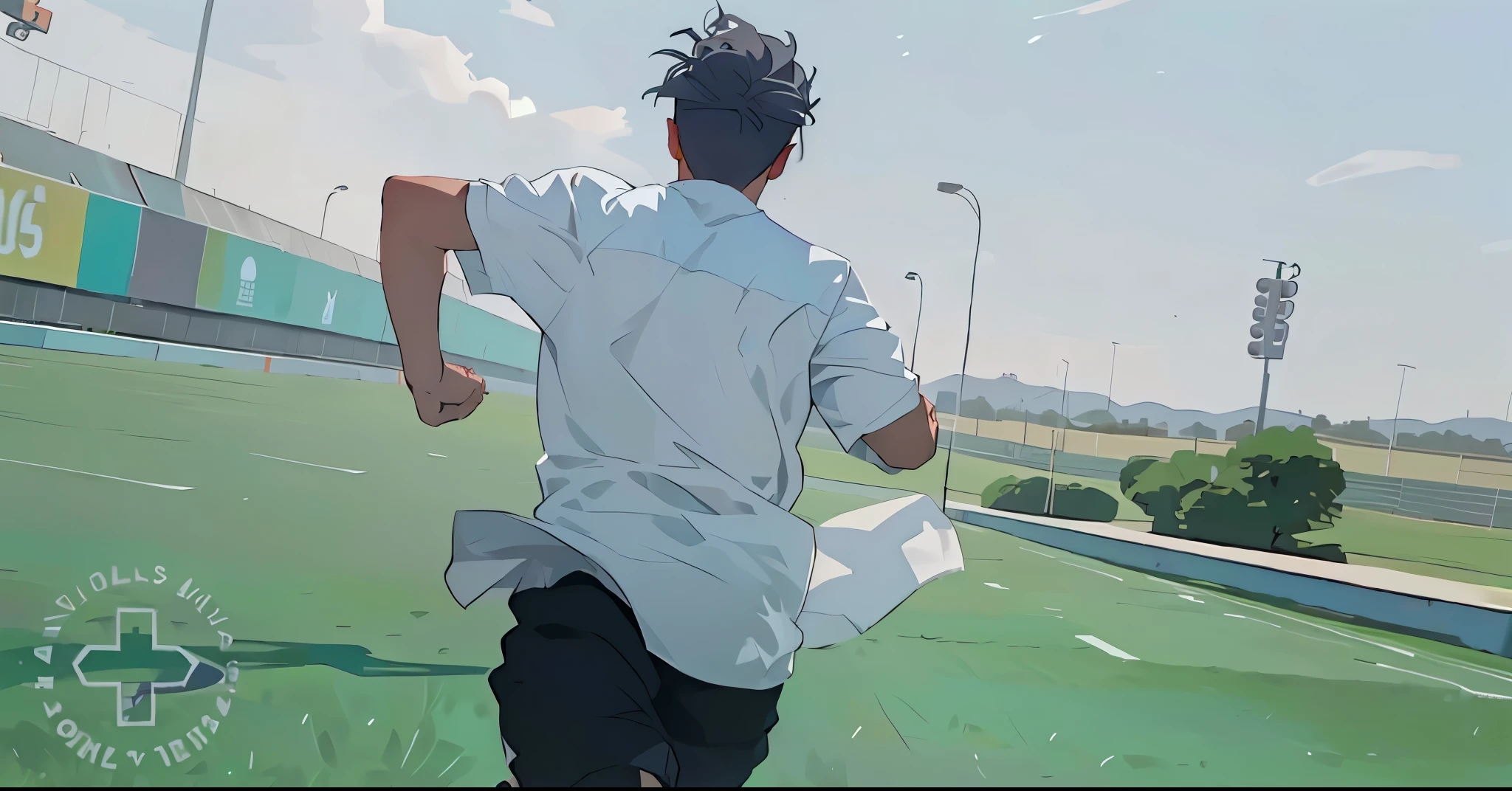 hay un chico escolar de cabello gris corriendo por un campo de futbol para ir a salvar a alguien