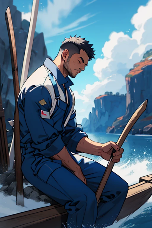 Man wearing navy blue mechanic jumpsuit, meditating, oar (ultra-detailed), physically-based rendering, extreme detail description, landscape, (blue color palette), indigenous.