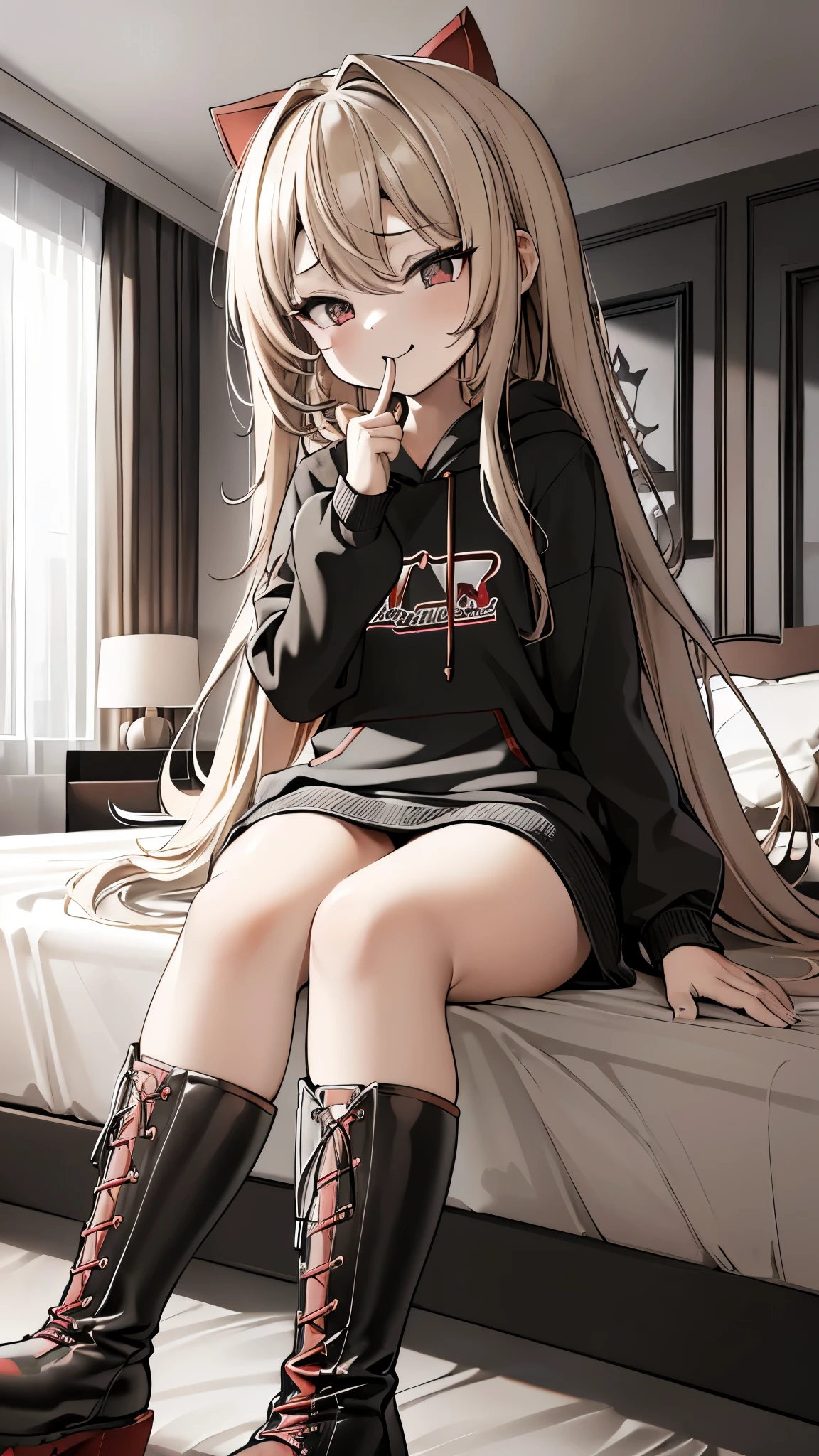 blonde、girl、Long Hair、ultra-detailed , best quality, high resolution, master piece ,beautiful eyes, cute、lovehotel,((((sitting on a bed)))), black and White hoodie、Red and black hoodie、White hoodie、((black platform boots))、perfect finger、(((boots focus))),the soles of the boots,floor on red carpet,