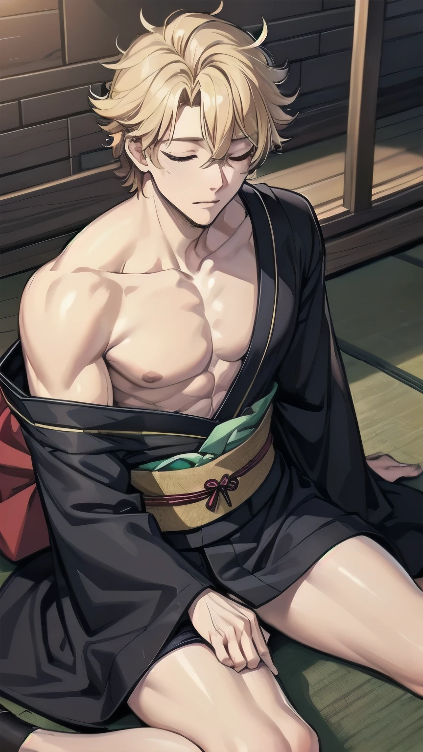 (masterpiece), best quality, closed eyes, perfect face, mature male, (1boy, handsome man), solo, blond hair, messy hair, muscle growth, relaxing, black kimono, sitting on floor, wariza, indoors, daytime