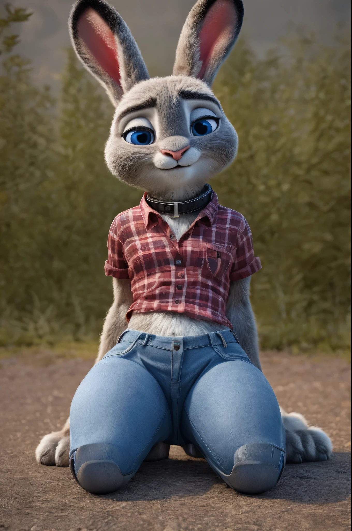 3d,16k,realistic fur,,thick thighs,bright blue eyes,masterpiece HIFI,thick thigh, fluffy hair,young judy hopps,zootopia ,posing kneeling on the ground,butt,thin hips, thick legs,detailed textures, ultra-high pixel detail, intricate, realistic, movie scene, cinematic, high-quality, full colors, incredibly detailed, 16k, hyper-realistic, RAW photo, masterpiece, ultra-detailed, professionally color graded, professional photography,thick thighs,thick paws,thin waist,Thick Paws,tail rabbit,,thin hips, thick thighs, thick paws,denim pants, short red plaid t-shirt, dog collar, seductive face, in the field,showing the crotch back butt part
