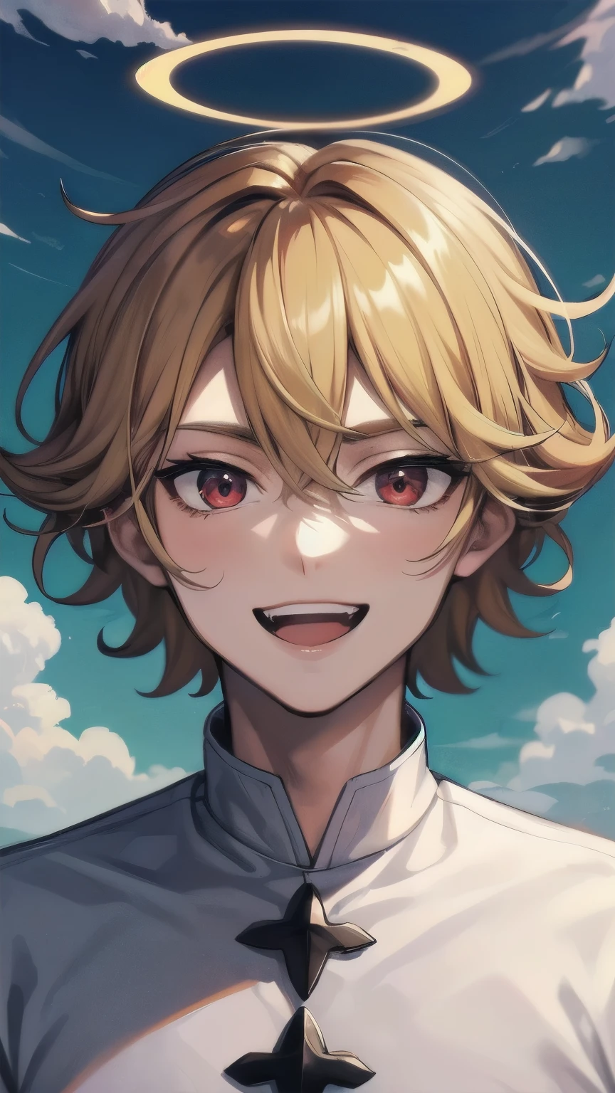 (masterpiece), best quality, expressive eyes, perfect face, mature male, (1boy, handsome man), solo, blond hair, messy hair, muscle growth, red eyes BREAK angel, halo, upper body, white outfit, priest, background sky, clouds, outdoors, standing, day, cloudy sky, looking at viewer, smile open mouth, pov 