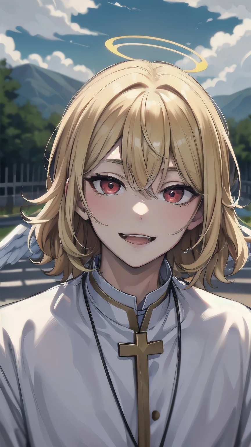 (masterpiece), best quality, expressive eyes, perfect face, mature male, (1boy, handsome man), solo, blond hair, messy hair, , red eyes BREAK angel, halo, white wings, white outfit, priest, background sky, clouds, outdoors, standing, day, cloudy sky, looking at viewer, smile open mouth, pov