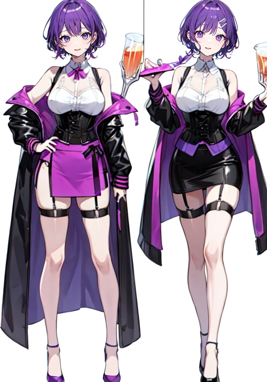 Purple Hair,Shortcuts,Adult female,(((bartender))),((Body Harness)),((Roll up your sleevesＹshirt)),(corset),(Tight Skirt),((garter belt)),High heels,((Simple Background)),smile,((whole body)),((whole body)),Character Sheet,