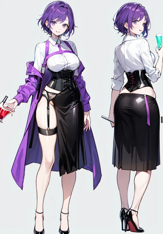 Purple Hair,Shortcuts,Adult female,(((bartender))),((Body Harness)),((Roll up your sleevesYshirt)),(corset),(Tight Skirt),((garter belt)),High heels,((Simple Background)),smile,((whole body)),((whole body)),Character Sheet,