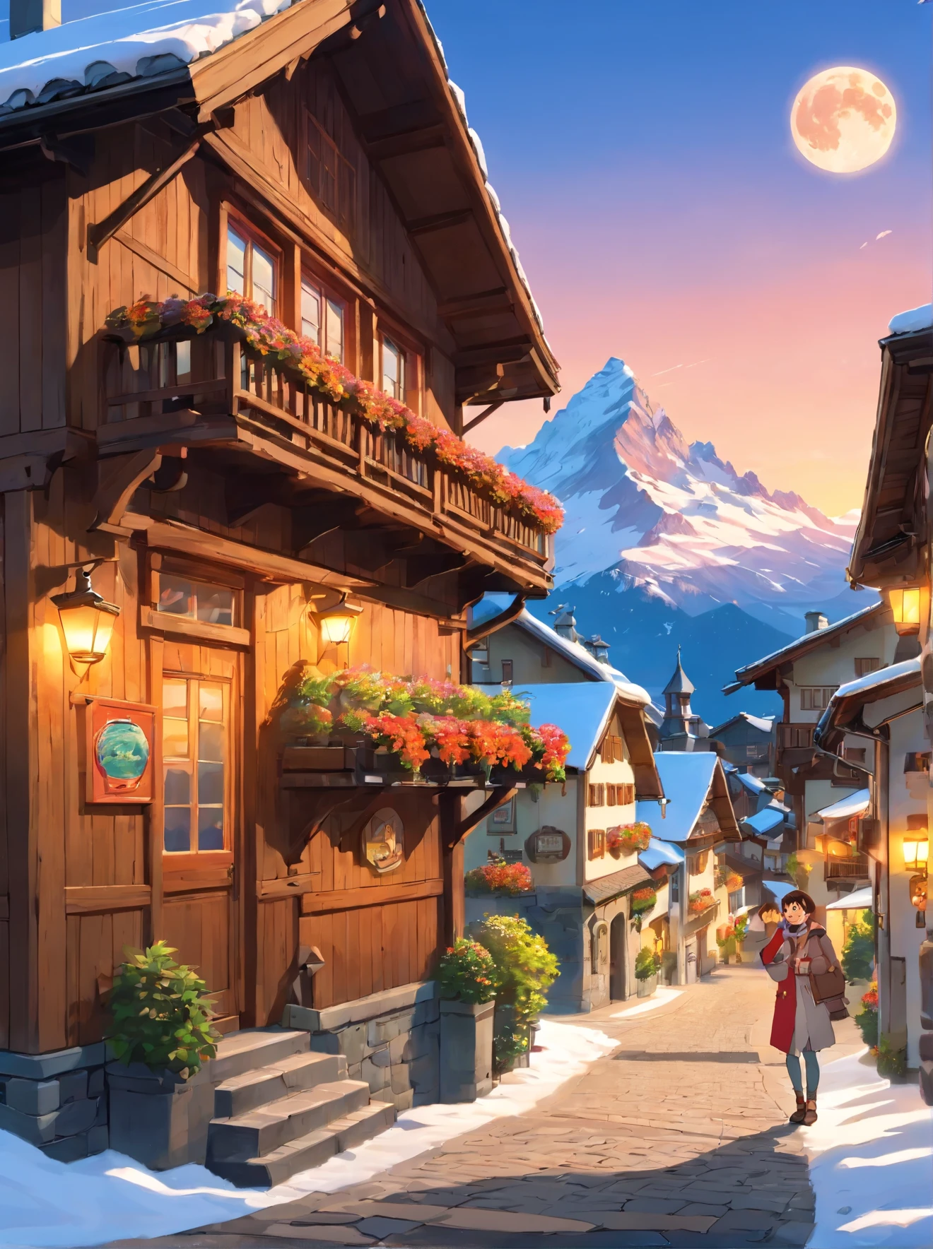 in the sunset, the moon is up in the sky, they are standing in front of a wooden building with a snow covered mountain in the background, in the swiss alps, switzerland, by Tobias Stimmer, winter season, tourists in background, spring season, travelers walking the streets, best on adobe stock, smiling couple, by Werner Andermatt, by Matthias Weischer, swiss architecture, having a good time,Switzerland vibe, coffee shop, traditional clothes, coffee, chocolate, ouside, picture, carrying, joy, humor, Swiss village.