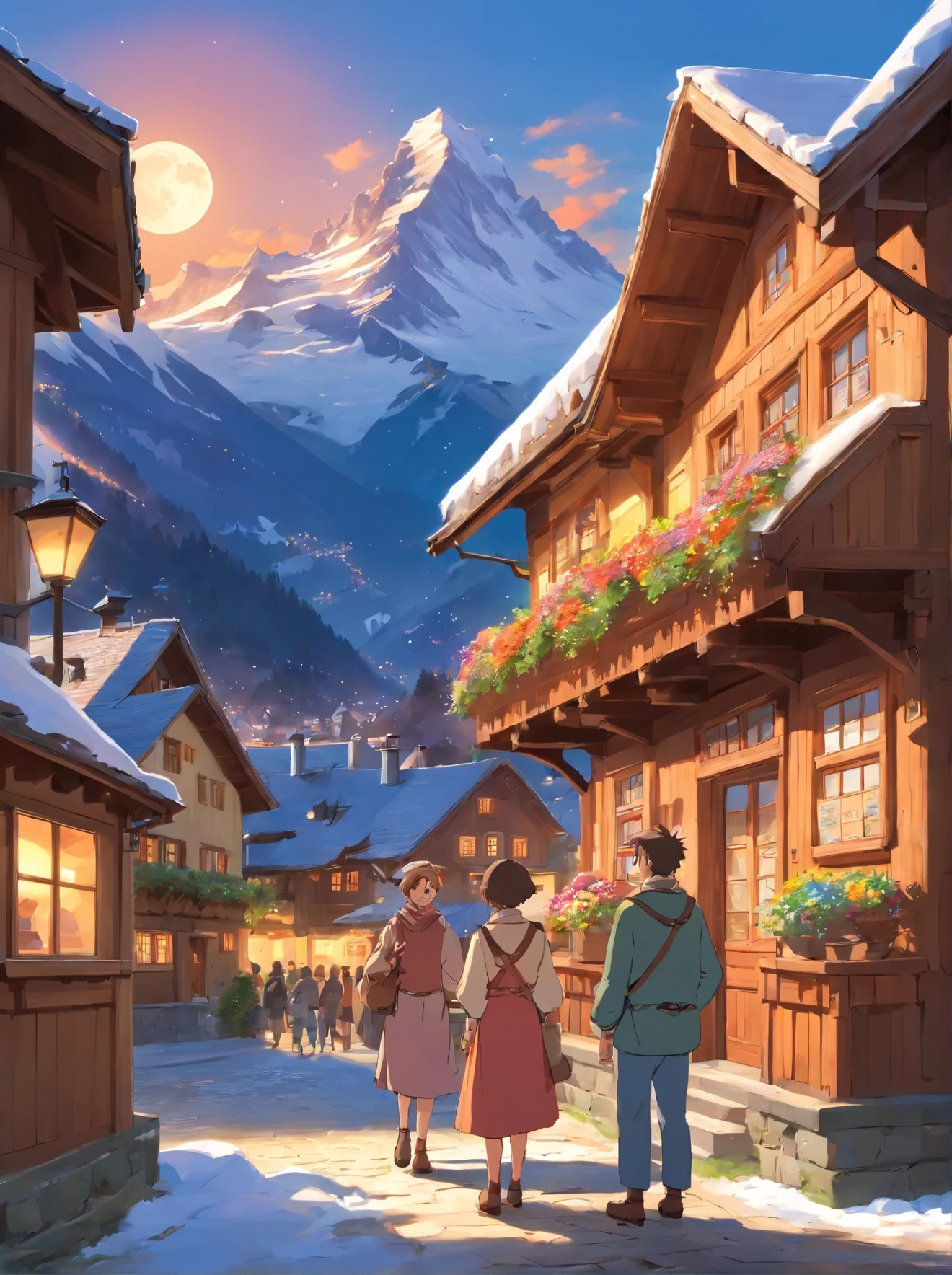 in the sunset, the moon is up in the sky, they are standing in front of a wooden building with a snow covered mountain in the background, in the swiss alps, switzerland, by Tobias Stimmer, winter season, tourists in background, spring season, travelers walking the streets, best on adobe stock, smiling couple, by Werner Andermatt, by Matthias Weischer, swiss architecture, having a good time,Switzerland vibe, coffee shop, traditional clothes, coffee, chocolate, ouside, picture, carrying, joy, humor, Swiss village.