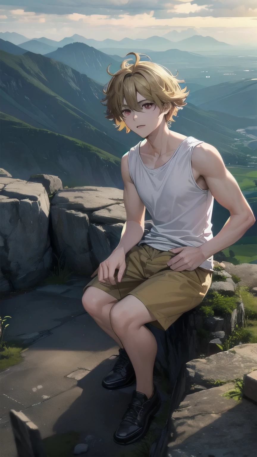 (masterpiece), best quality, expressive eyes, perfect face, mature male, (1boy, handsome man), solo, blond hair, messy hair, , red eyes BREAK (hike), white shirt BREAK sleeveless, yellow shorts BREAK mountainous road, mountains, rocks, cloudy sky, looking away 