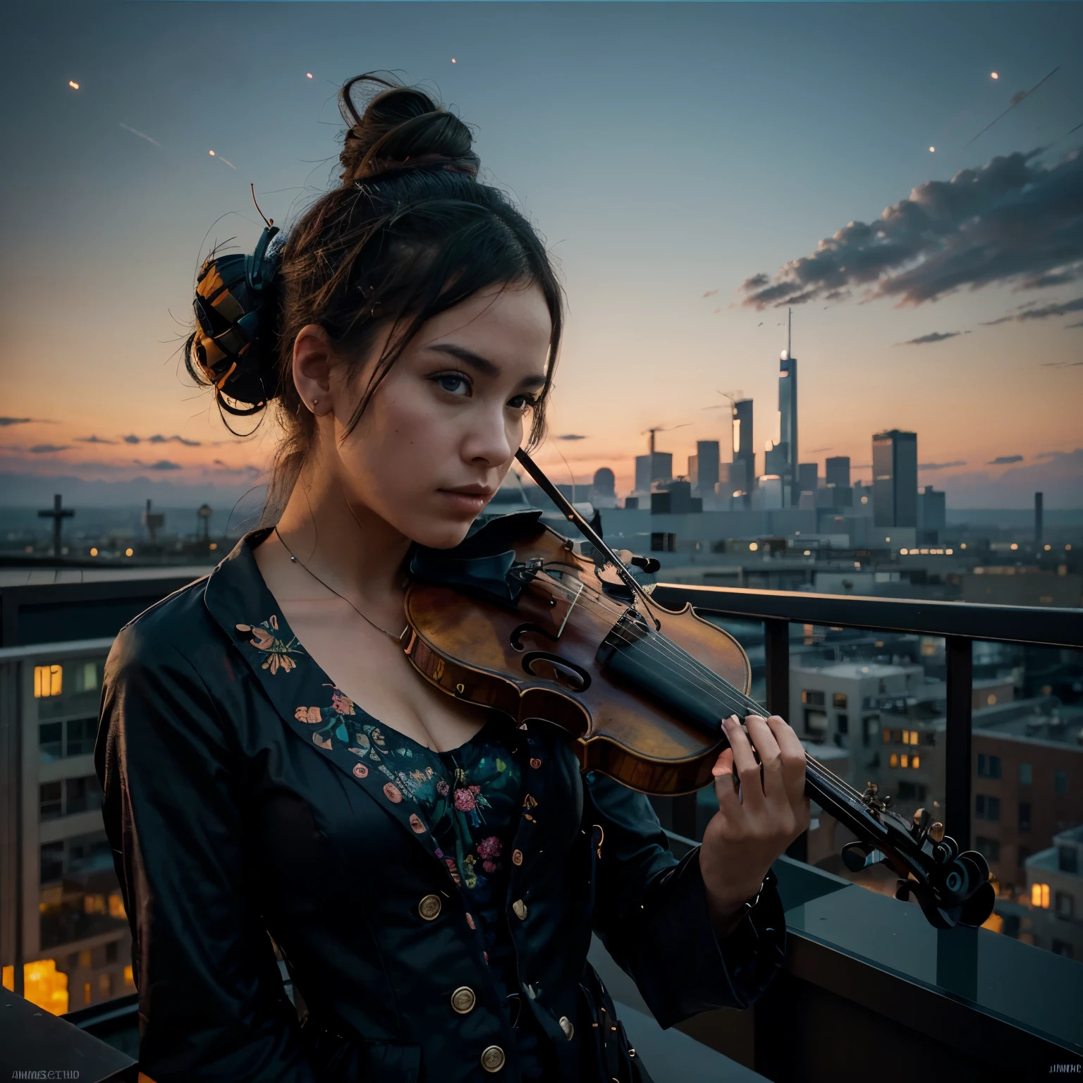 A soulful musician playing the violin on a rooftop at dusk, sheet music, musical notes, reflective, city skyline, dramatic sunset, surrealistic oil painting by James Jean, Van Gogh, Mark Ryden, and Robbie Trevino, pop cyberpunk steampunk flowerpunk, atompunk, cinematic, wallpaper