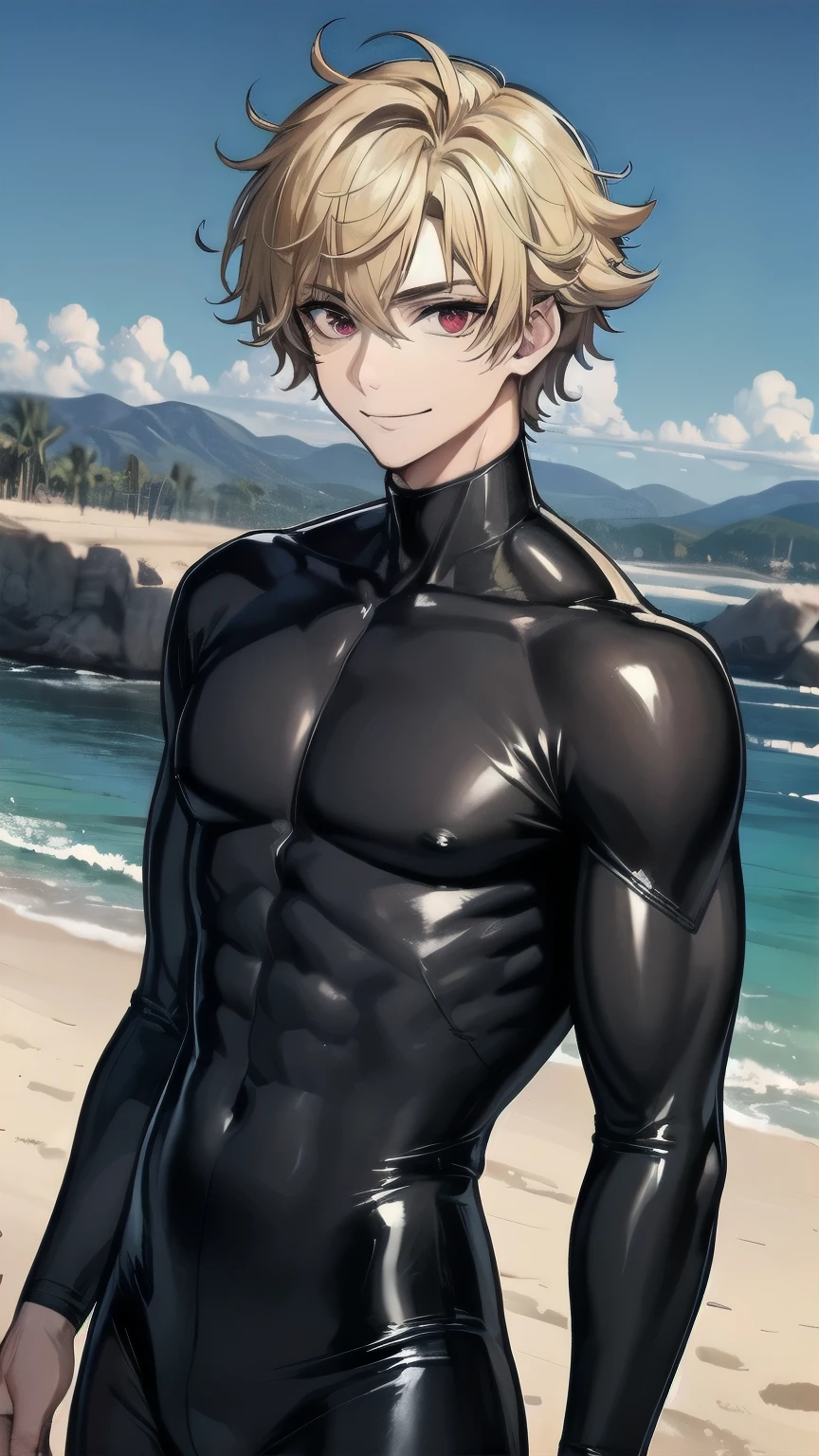 (masterpiece), best quality, expressive eyes, perfect face, mature male, (1boy, handsome man), solo, blond hair, messy hair, , red eyes BREAK black bodysuit, muscle growth, standing, latex suit, smile, closed mouth, desert, sand, landscape, day, looking at viewer 