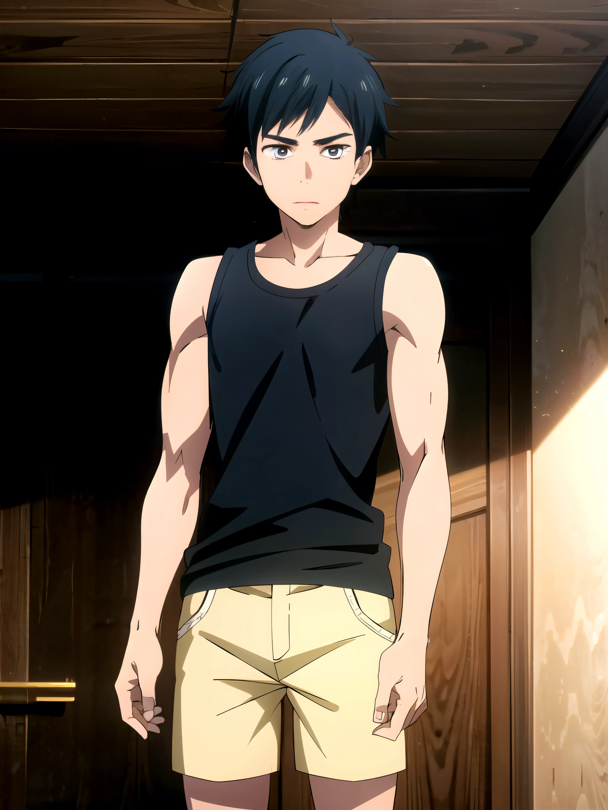 Anime style, Highres, Masterpiece, Best quality at best,Best Quality,hight quality, hight detailed,  1boy,  Young boy,  handsome,  black hair, Tank top, Shorts, Slim body, Body, Short body, undercut hair,  perfect face,  detailed eyes and face,  gold eyes, shy expression,  clean shaved,  muscular,  capturing a rural atmosphere,  dynamic lighting