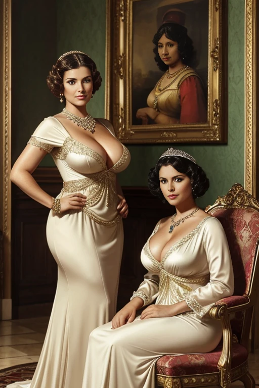 MILF, 2 SISTERS QUEENS, , BBW, photo vintage, visage feminin parfait, , tache de rousseur, 1927, big huge breasts : 48H,FRONT VIEW, Rembrandt LIGHT , EXTREME LONG V-NECK, BIG CLEAVAGE, BEAUTIFUL EYES, BEAUTIFUL HANDS, LIGHT SMILES, PERFECT FACE, tres long décolleté, CASTLE BACKGROUND, QUEEN, NECKLACE, RING, JEWELERY RICH, SFW, FULL BODY, COLORFUL, ITALIAN , ROYAL LINGERIE