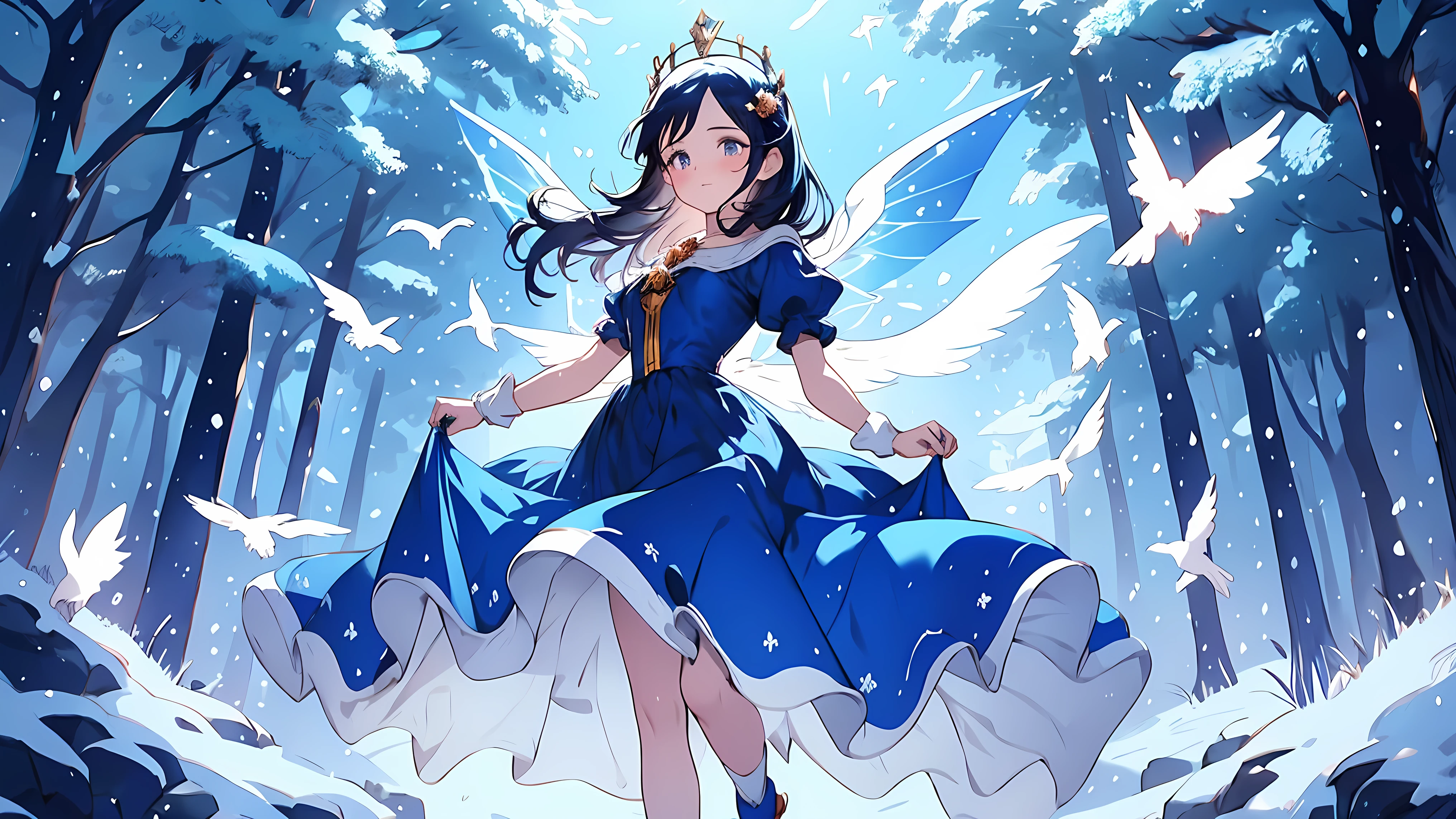 Generate an image that represents Snow White in a movie scene. Blancanieves, with her characteristic blue and yellow dress, It is located in the forest surrounded by leafy trees and forest animals. A su alrededor, The birds sing and the rabbits jump while Snow White walks with grace and serenity. En el fondo, el castillo del malvado reina se alza sobre una colina, envuelto en sombras y misterio. The scene is imbued with an aura of magic and charm, capturing the essence of the classic fairy tale in a memorable cinematic moment