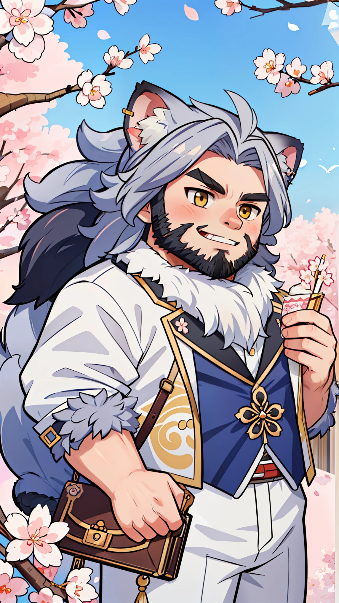 Solitary, anthropology, hairy, hairy male, Wolf, ((Fluffy fur, Fluffy, hairy body)), (Wolf印), (White beard), middle aged, Gray body, White belly, muscular, White, Big muscles, Yellow eyes, Tail, deTailed teeth, deTailed face, Fundos,((Open it) black formal), briefcase, deTailed Fluffy fur, deTailed face, Fantasy Castle Venue, look up to the sky, majestic, barbarous, confident, Strong, Cherry blossoms, Cherry blossoms 花朵 叶子, (through empty ghost, From raccoon21, masterpiece, high quality, high resolution,8k), permanent,Close-up portraits, outdoor, Dynamic poses, Looking at the audience, Front view, fist