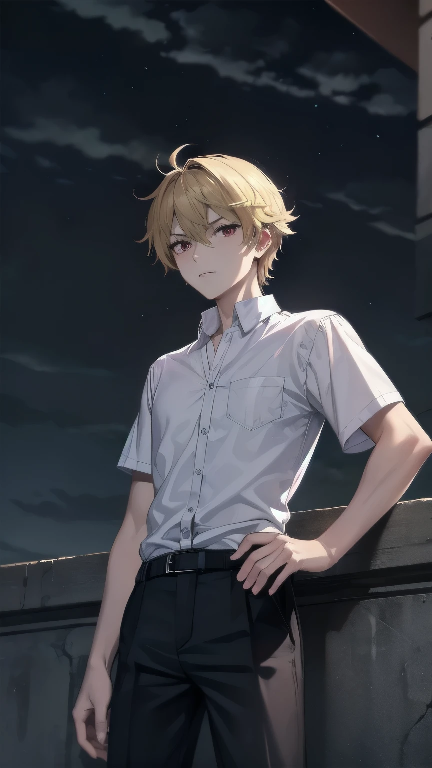 best quality 4k,masterpiece made in water,1 boy,intense serious expression,looking at the viewer,anime style messy blonde hair,shorth hair,citys,dressed in a kimono shirt with gold dragon markings and wearing black jeans,ao fundo uma citys suburbana no outono,Asian,Caucasian skin,big red eyes,with his right hand in his pocket,and the other hand is firm.